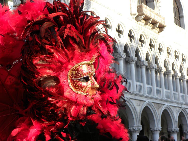Un costume maschile e oufit in vino rosso di colore, con un'abbondanza di piume, in Piazza San marco sullo sfondo, Carnevale di Venezia, Italia.
