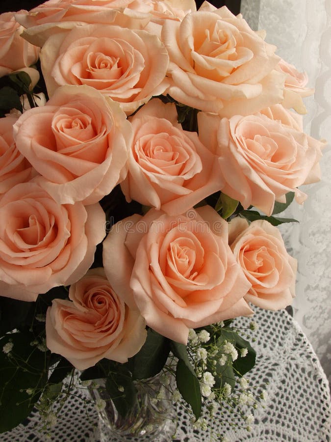 Kvitne kyticu krém, broskyňa, ružové farebné ruže, obklopený čipky a háčkovanie.