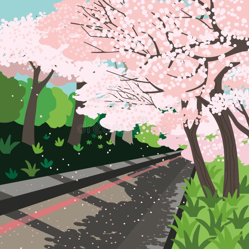 Blooming cherry trees garden path vector poster