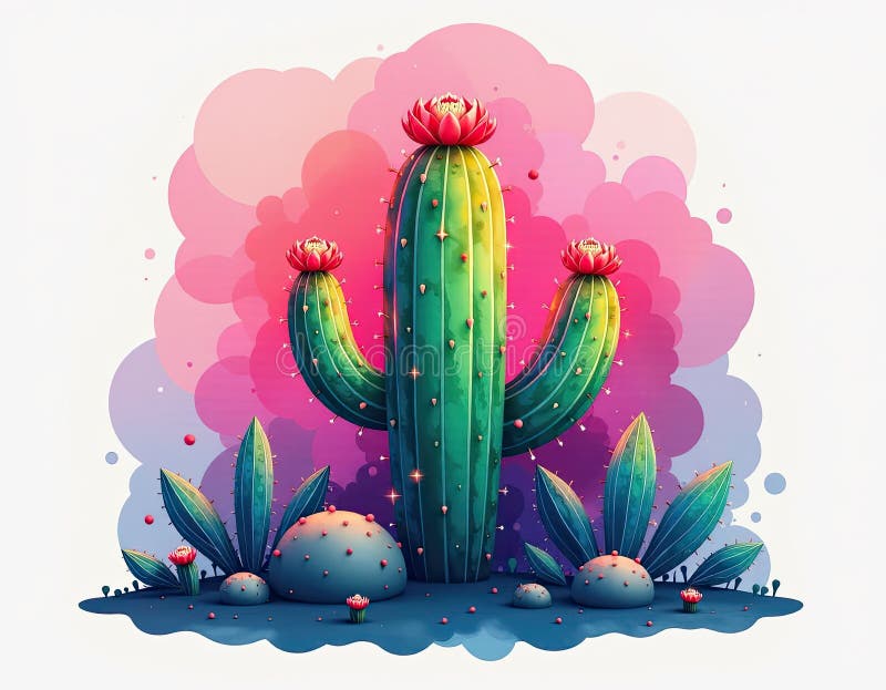 Blooming Desert Cactus - Vibrant Cartoon Illustration stock illustration