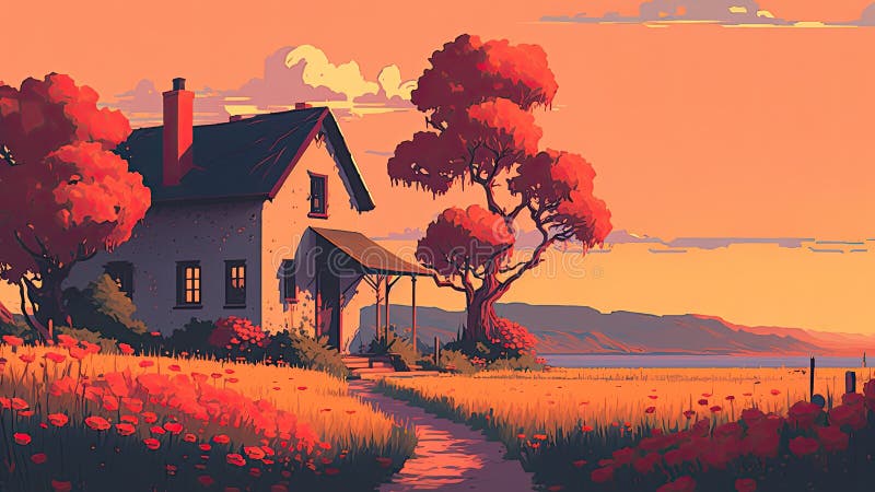 Blooming field house at sunset painting