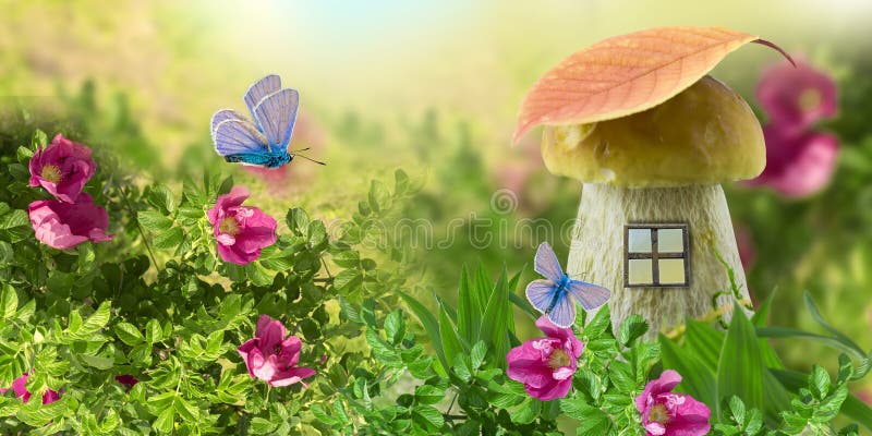 In a blooming field with rose bushes, there is a magic house with a mushroom window, where elves or dwarves live.A fabulous, magi