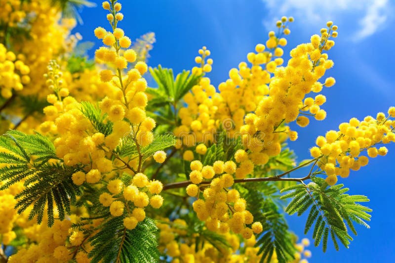 Blooming Mimosa Tree over Blue Sky Spring Easter vektor illustrationer