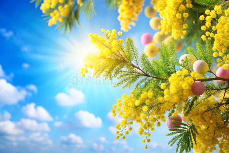 Blooming Mimosa Tree for Spring and Easter Background. Ett vackert mimosa-träd i full blomma mot en blå himmel perfekt för påskfotografering och säsongsfiende.
