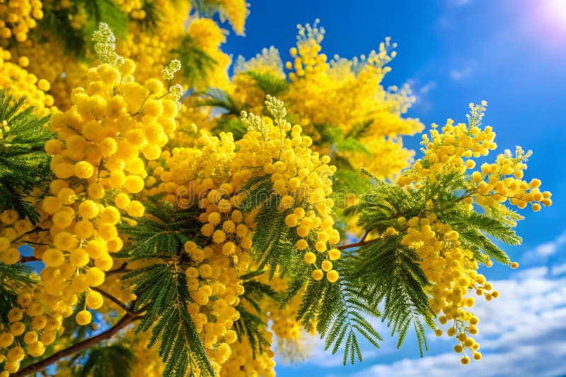 Blooming Mimosa Tree in Spring Sky for Easter Celebration stock illustrationer
