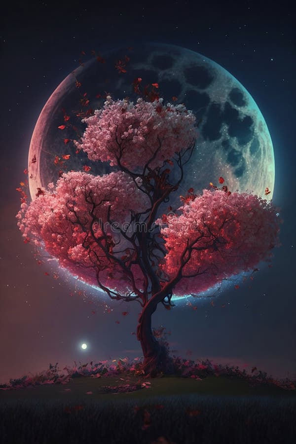 Blooming Sakura Tree at Night with Full Moon Stock Illustration