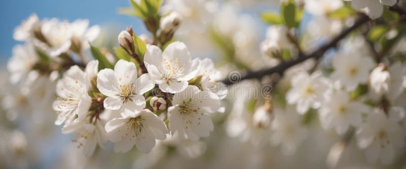 Blooming tree branch with white flowers close up in a sunny day Spring nature concept Selective focus. royalty free stock photo
