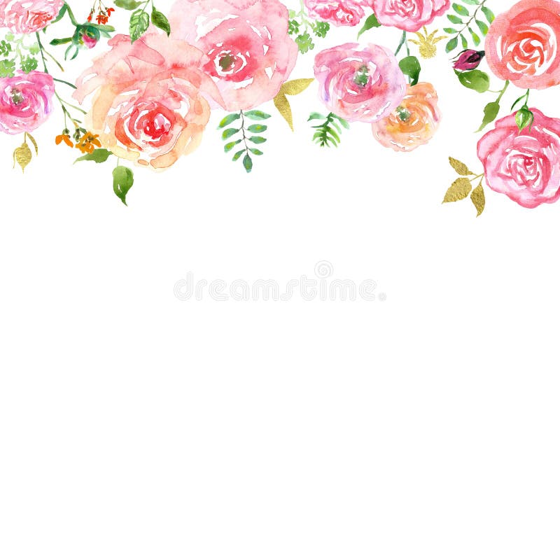 Bloost de bloemenkopbal van de waterverflente met geschilderde hand roze rozen en bladgouden op witte achtergrond