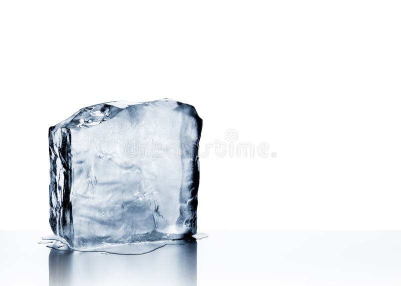 Cold blue crystal clear frozen block of ice melting to create pool of water on scratched steel surface. Cold blue crystal clear frozen block of ice melting to create pool of water on scratched steel surface