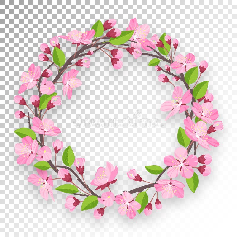 Blossoming cherry round frame for text. Apple-tree or cherry flowers and buds of branch are twisted by ring banner