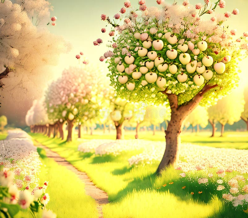 Blossoming trees in the springtime countrisde concept, spring theme, ait generated image stock photo