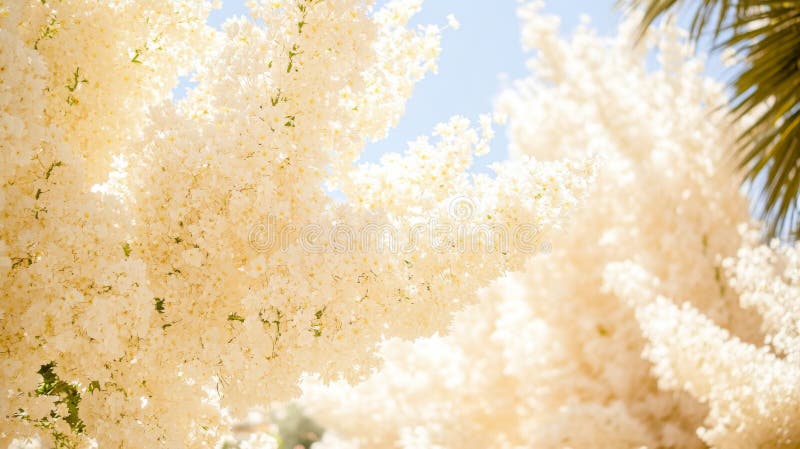 The blossoming of a tropical palm tree on a sunny day surrounded by lush vegetation stock photos