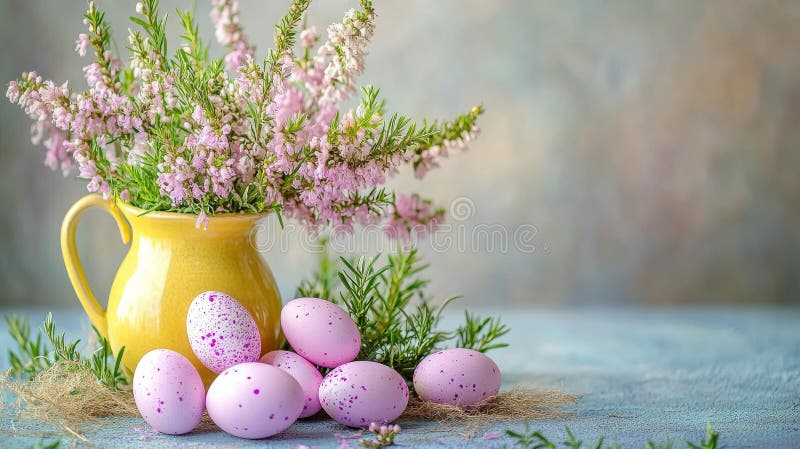 Blossoms and speckled eggs in a vase make for minimal Easter decorations royalty free stock photography