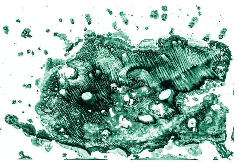 A blot of emerald green ink on white paper. Drops of watercolor paint splattered on a white background. Fine abstract artistic bac