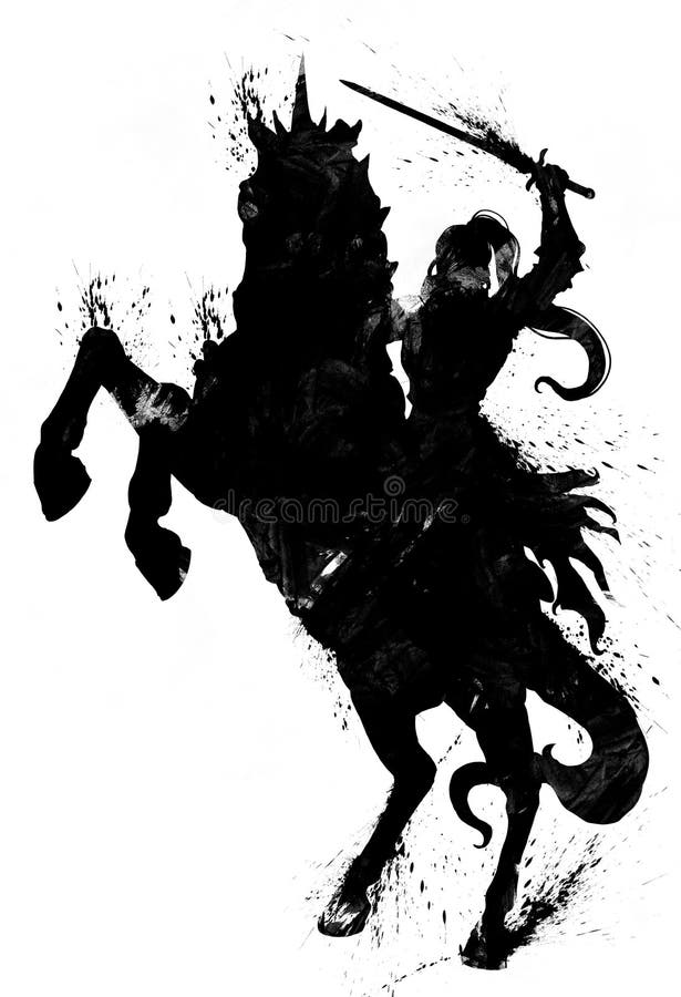 The blotchy silhouette of a female knight with a sword exulting astride a rearing horse . 2D illustration