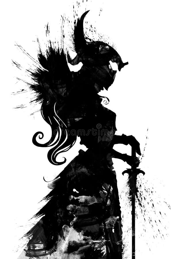 Blotted silhouette of a knight woman in a helmet with wings, long hair and a sword. 2D illustration