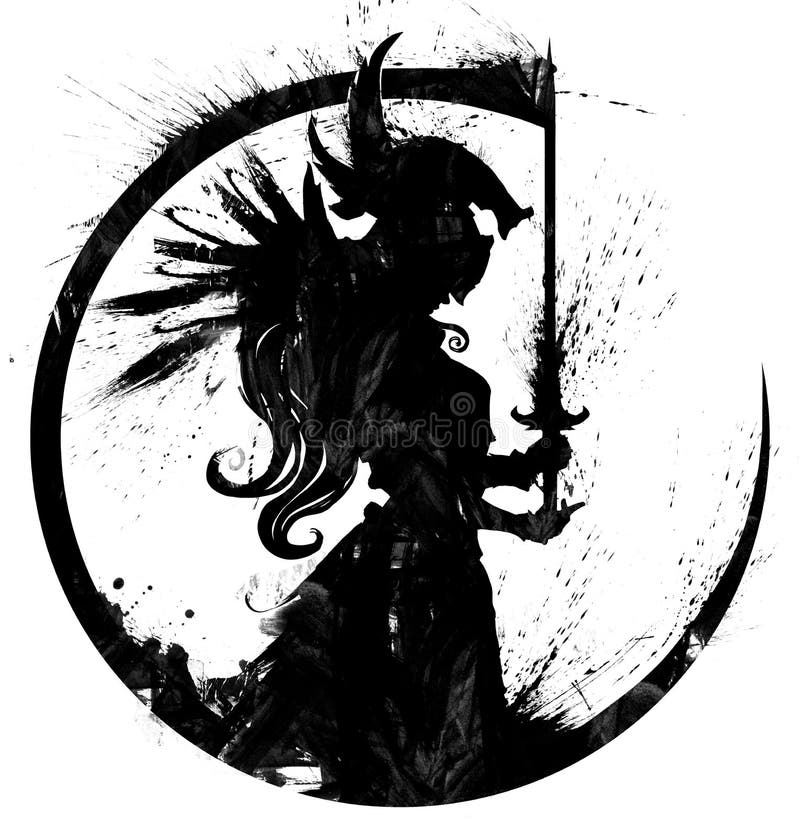 A blotted silhouette of a praying Valkyrie with a sword in her hands. 2D illustration. A blotted silhouette of a praying Valkyrie with a sword in her hands. 2D illustration