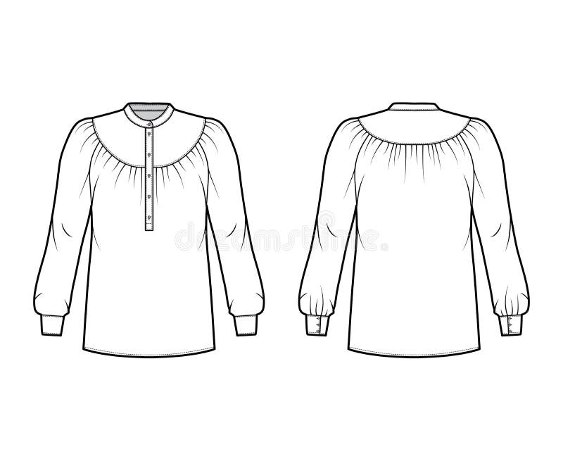 Blouse Technical Fashion Illustration with Gathered Yoke, Long Sleeves ...