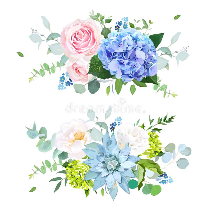 Blu-chiaro, inverdisca l'ortensia, il rosa, la rosa di bianco, succulente, dimentica