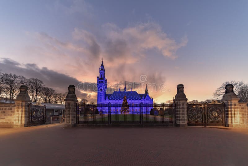 The Peace Palace in The Hague, Seat of the International Court of Justice, celebrating the 70 years of the declaration of the Human Rights, Netherlands. The Peace Palace in The Hague, Seat of the International Court of Justice, celebrating the 70 years of the declaration of the Human Rights, Netherlands