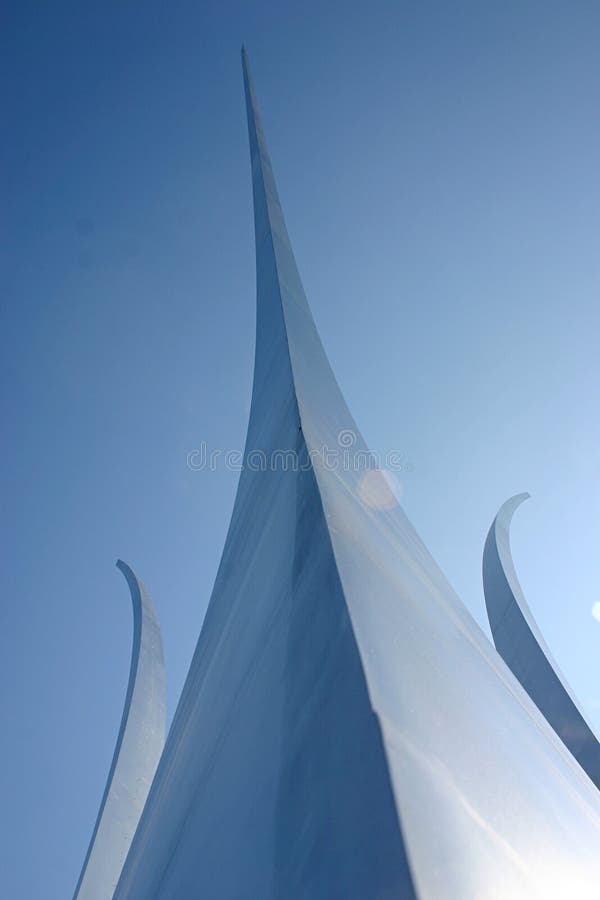 Sky perspective at the United States Air Force Memorial "Into the Blue" - showing the steel monument soaring skyward into the air like the trails from an airplane, the mainstay of the USAF.