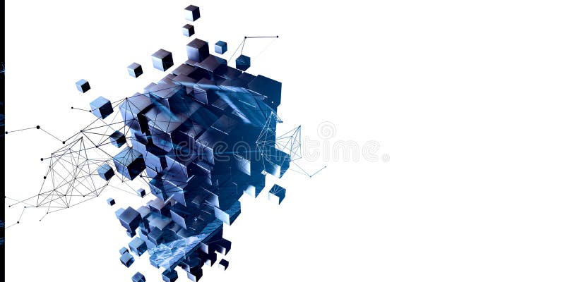Blue abstract cubes and network diagram stock photo