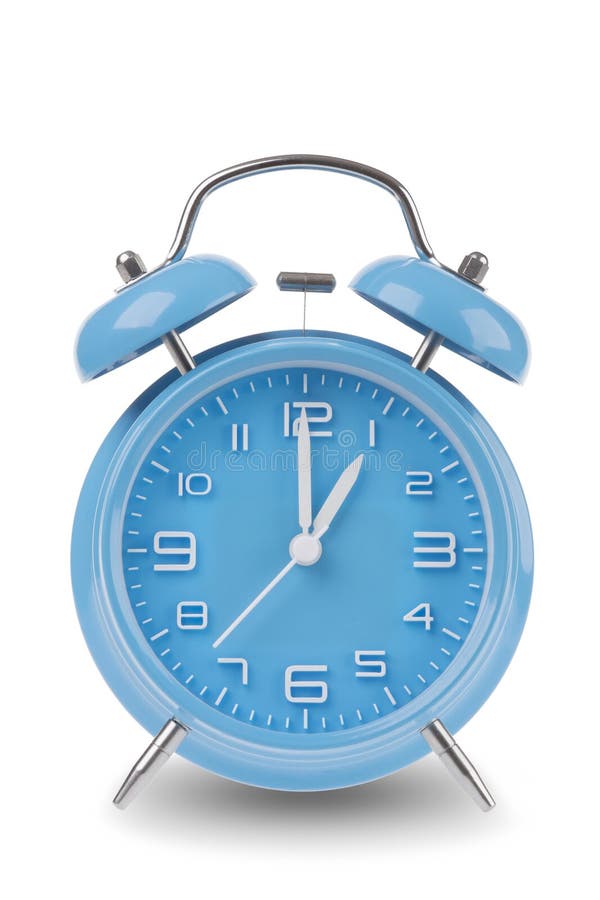 Blue alarm clock with the hands at 1 am or pm isolated on a white background