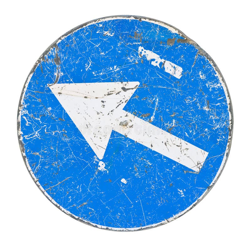 Blue Arrow Sign Isolated on White Background Hanging from a Rope