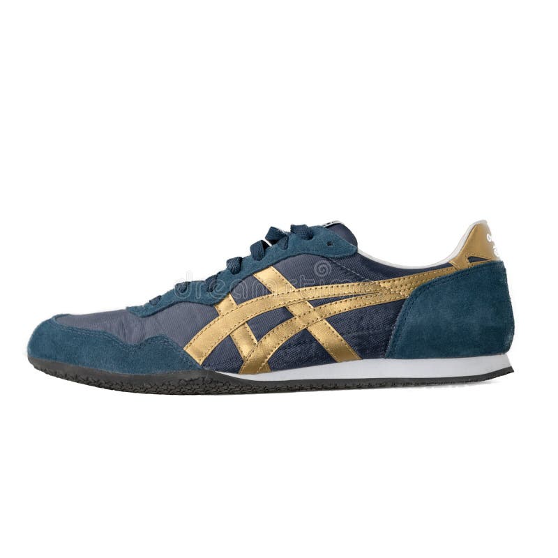 Blue Asics Brand Sneakers with Gold Accents. Onitsuka Tiger Brand