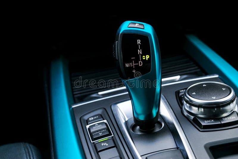 Blue Automatic Gear Stick Transmission of a Modern Car, Multimedia and