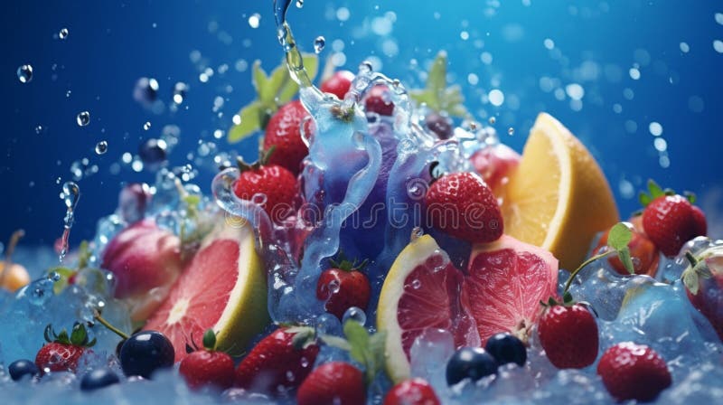 Blue backdrop with fruit and ice cream vector illustration