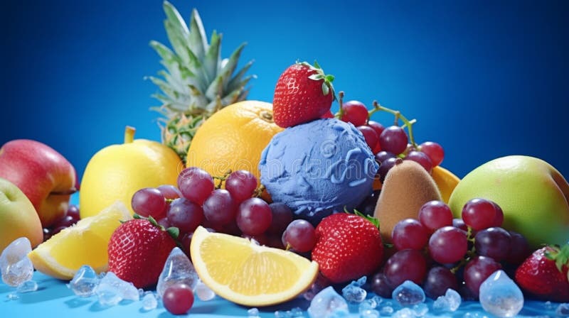 Blue backdrop with fruit and ice cream vector illustration
