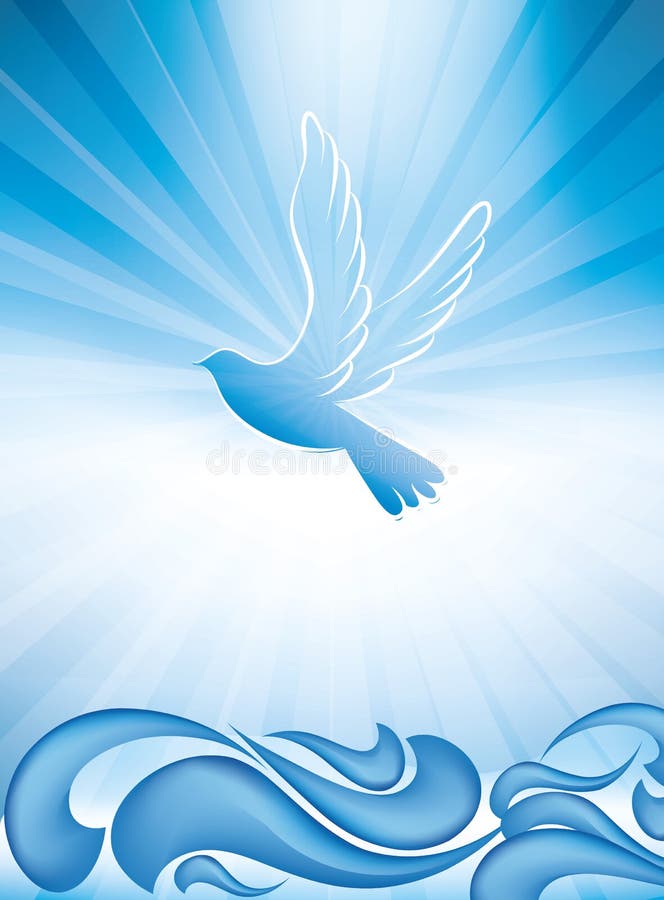 Christian baptism symbol with dove and waves of water on blue background