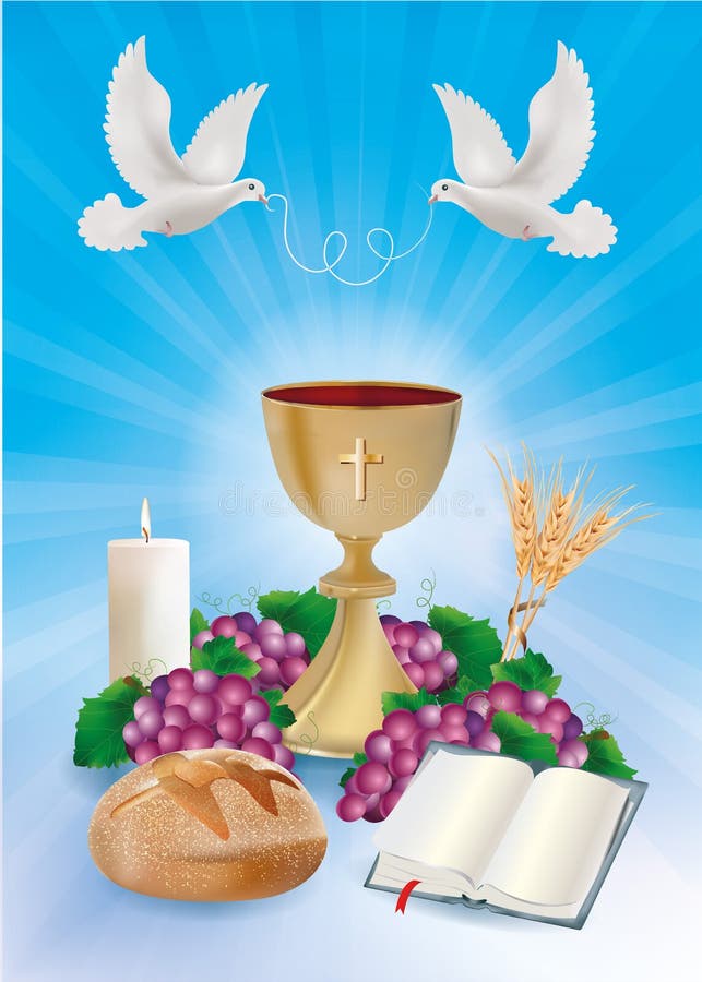 Blue background concept Christian symbols with golden chalice, bread, bible, grapes, candle, dove, ears of wheat