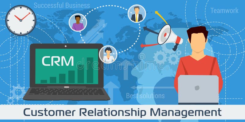 Vector Horizontal Banner on blue background of Customer Relationship Management - CRM. Man with computer, laptop with chart on screen and avatars of customers worldwide. Customer relationship software banner illustrations