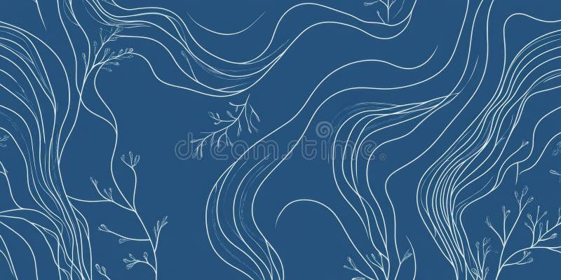 A blue background featuring organic, curving lines and delicate patterns that resemble flowing water stock photography