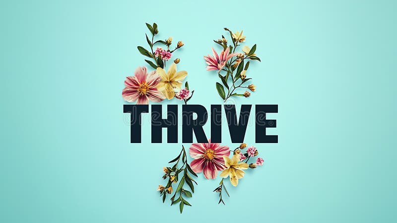 A blue background with a flowery design and the word "thrive" written in black. Concept of growth and positivity. Word thrive stock images, royalty-free photos and pictures