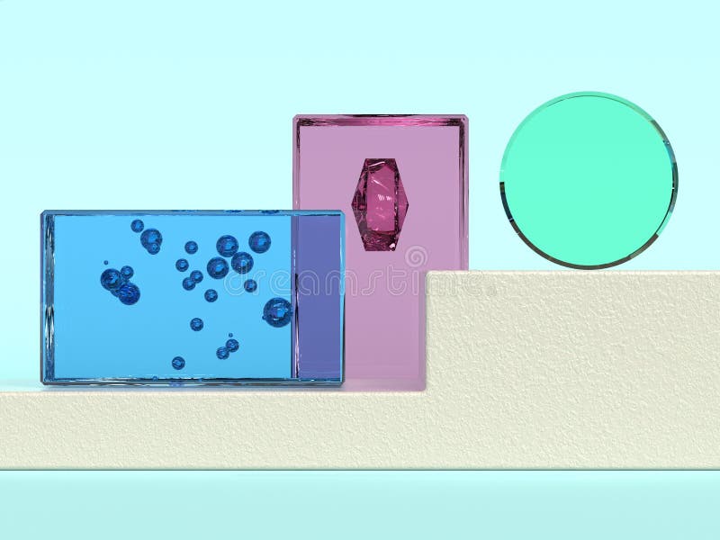 Blue background pink green blue glass transparency material geometric shape minimal abstract 3d rendering stock illustration