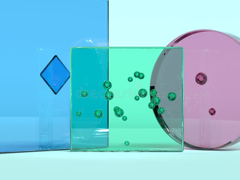 Blue background pink green blue glass transparency material geometric shape minimal abstract 3d rendering vector illustration
