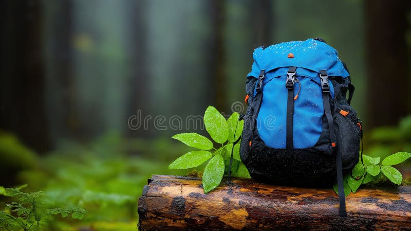 Blue backpack in forest with fresh green leaf royalty free illustration