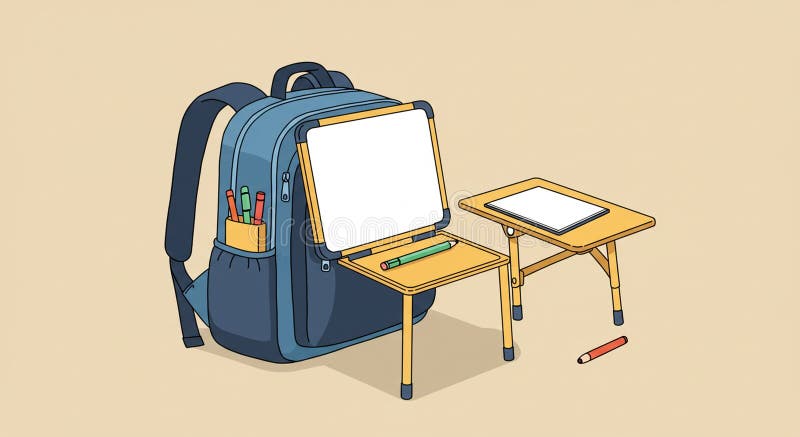 Blue backpack with shoulder straps, a side pocket holding four colored pencils, and two stock illustration