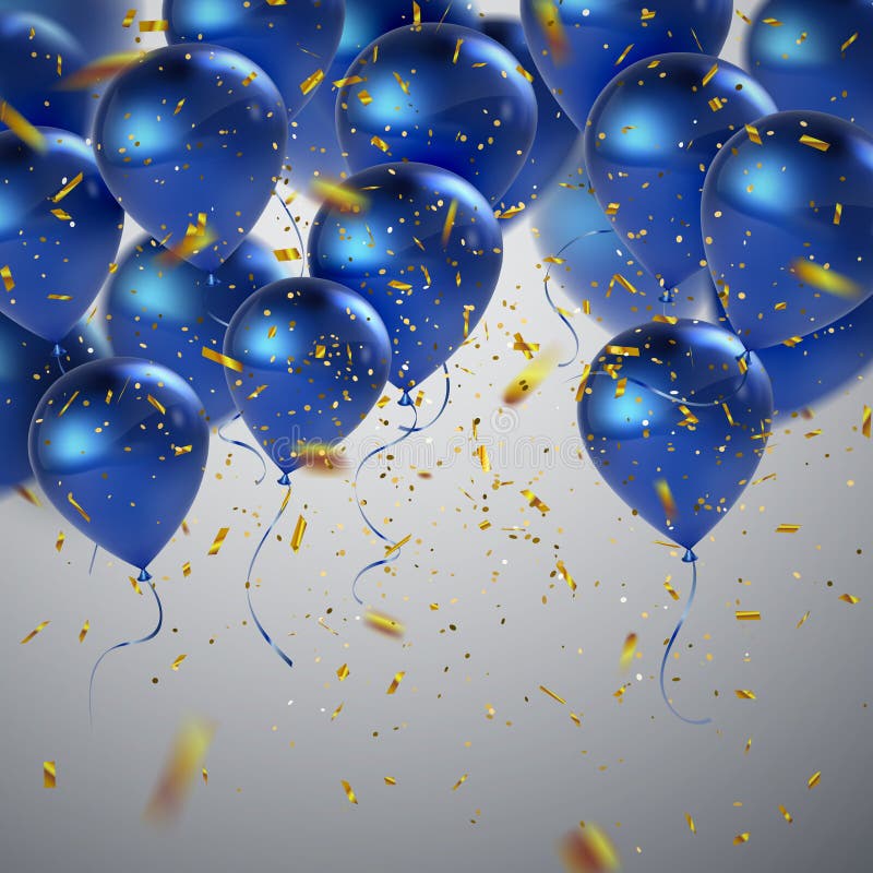 Blue balloons and golden confetti.