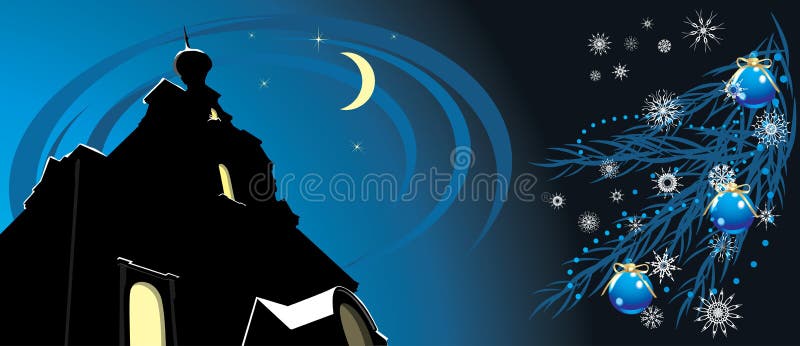 Blue balls on the Christmas tree and night castle