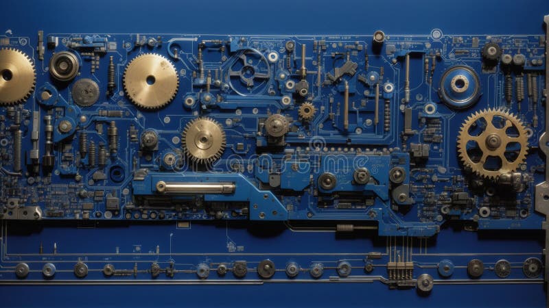 A blue banner of old technology and new using computer circuits and old machine cogs stock illustration