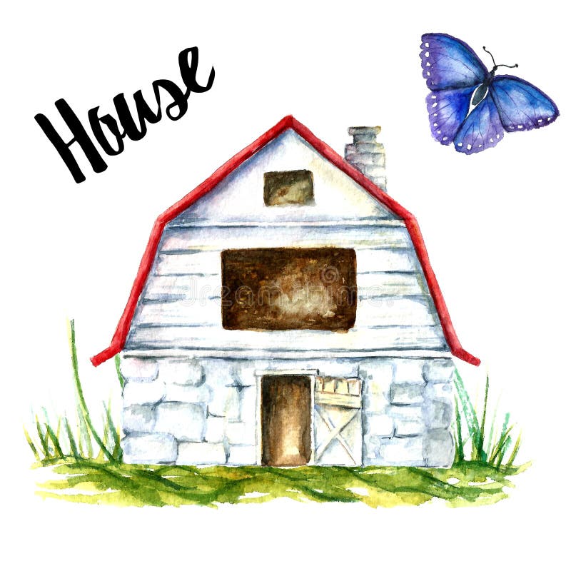 Watercolor of a blue barn house on a white background. Blue barn farm with green grass and blue butterfly.vector. Watercolor of a blue barn house on a white background. Blue barn farm with green grass and blue butterfly.vector