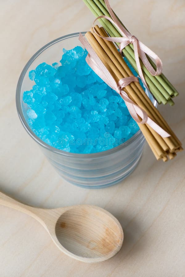 Blue Bath Salt in Glass stock image. Image of horizontal 13422263