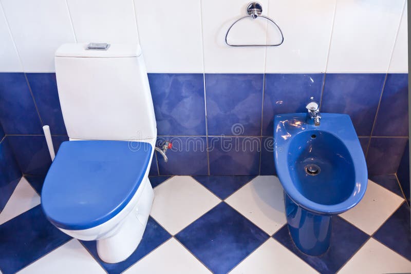 Blue Bathroom and Toilet are in a New Apartment Stock Photo Image of