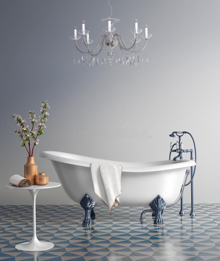 Rendering of a Blue bathroom with vintage bathtub