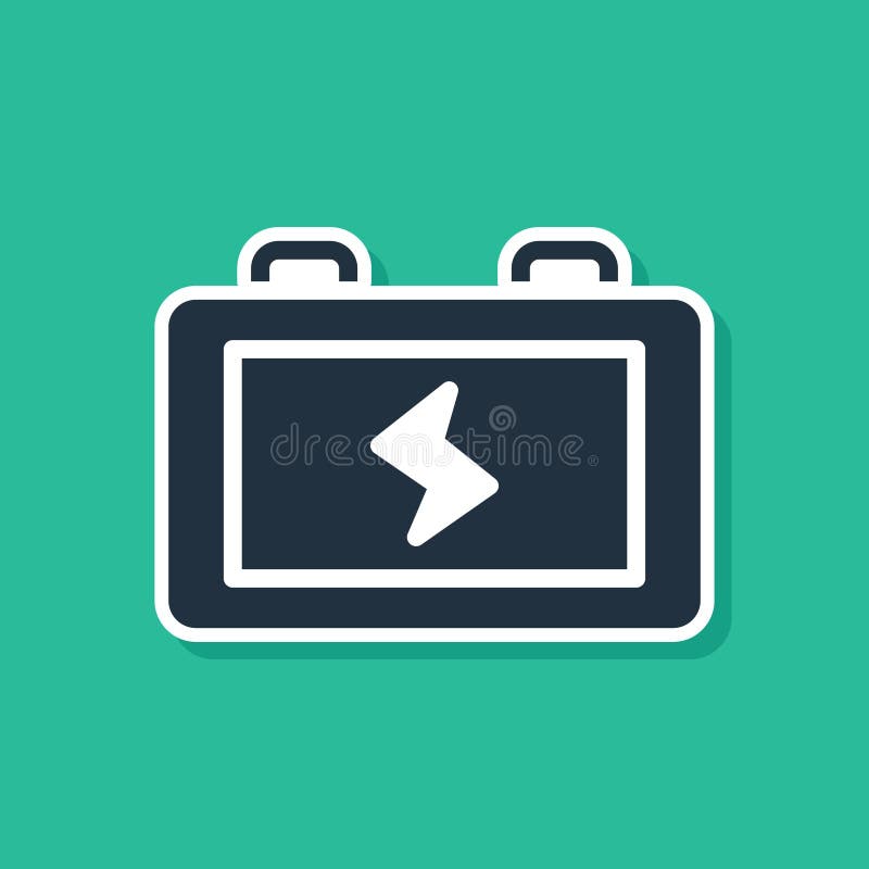 Blue Battery icon isolated on green background. Lightning bolt symbol. Vector stock illustration