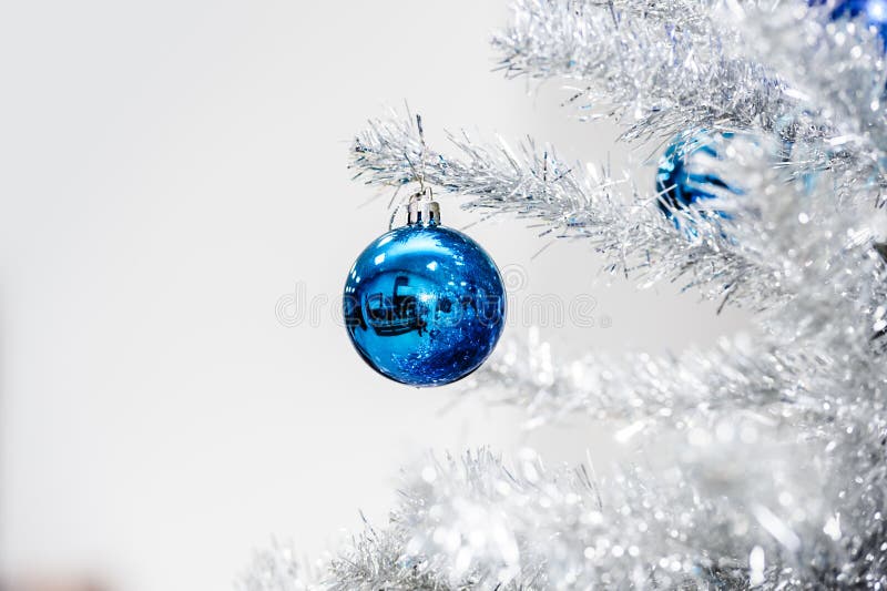 Blue Baubles On Silver Artificial Christmas Tree Stock Image Image of